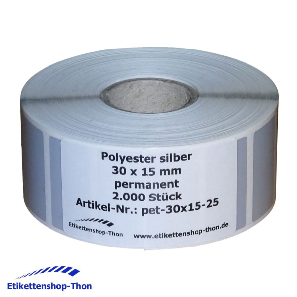 Polyesteretiketten - 30 x 15 mm - 2000 Stück - silber - Hülse 25 mm